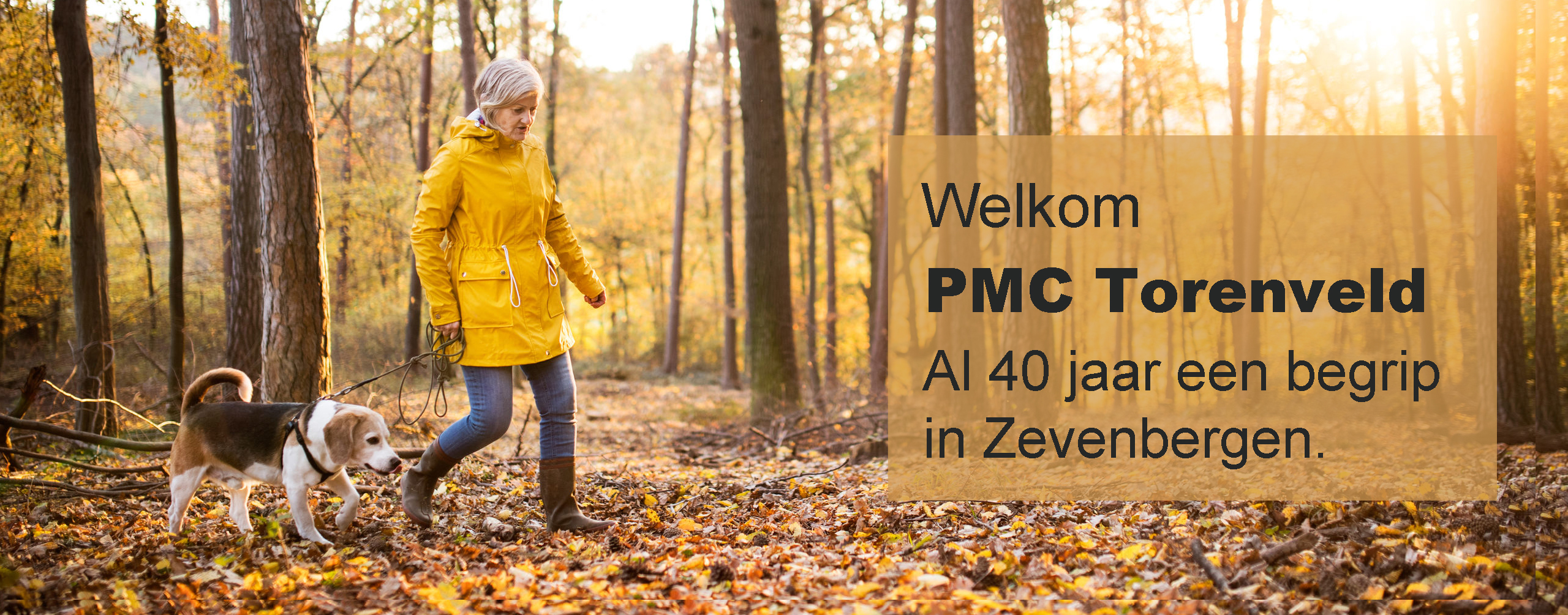 Senior woman with dog on a walk in an autumn forest.